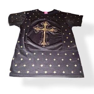 Victorious Gold Rhinestone Cross & Small Gold Accents Black T-Shirt